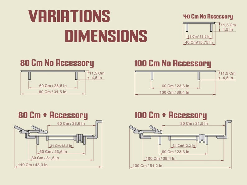 May include: Diagram showing the dimensions of four different sizes of a metal workbench. The workbench is available with or without an accessory. The dimensions are shown in both centimeters and inches. The workbench is 40 cm, 80 cm, or 100 cm wide. The workbench with the accessory is 110 cm or 130 cm wide.