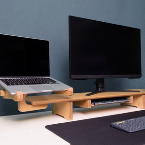 Here’s Dual Monitor Stand Riser! This Wood Computer Laptop Stand Organizer can be best Gifted from Boss to Manager. This Double Lap Monitor Desk Setup Riser Shelf will be perfect matches with her or him monitor, pc, computer or laptop.
