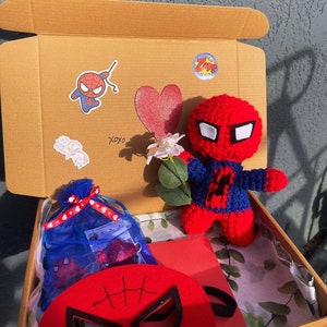 Marvels Spider-Man, crochet spiderman plushie box! Customizable message! Perfect Spidey gift for him or her