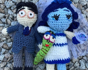 Corpse Bride| Victor, Emily, and Maggot crochet plush| I love you, but you’re not mine| Halloween wedding| Tim burton decor| with this hand|
