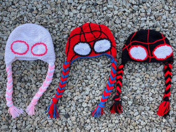 Spider-Man Mayday Beanie - Red & Black Eye Patch Crochet Hats Mayday Inspired Spiderman Beanies Crochet Pattern (all  main image 4