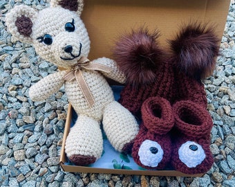 Unisex baby soft bear beanie| Crochet Handmade Beanie, boots, and cardigan| persoanlize| Newborn and toddler size| handmade winter warm set|