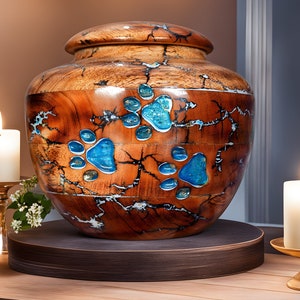Handcrafted Mango Wood Pet Urn with Paw Prints - Dog Cat Memorial