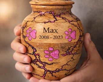 Handgemaakte houten dierenurn met gegraveerde pootafdrukken - Gepersonaliseerd gedenkteken