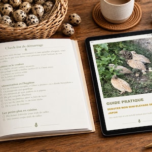 Peut inclure: Un livre ouvert intitulé Check-list de démarrage avec une liste de contrôle pour l'élevage de cailles à côté d'une tablette affichant un guide intitulé GUIDE PRATIQUE DEBUTER MON MINI-ELEVAGE DE CAILLES DU JAPON avec des cailles et des œufs.
