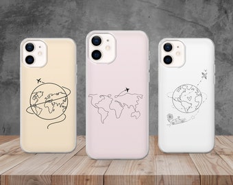 Minimalistische wereldkaart telefoonhoesje reishoes voor iPhone 14, 12, 11 Pro, 13, Xr, Xs, Samsung S22, S23, S20, A33, Huawei P30, Pixel 6 Pro