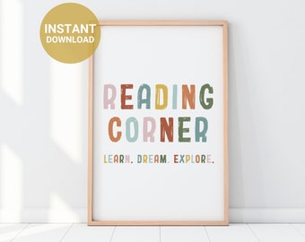 Impresión de rincón de lectura, póster de lectura imprimible, arte mural infantil, imprimible de lectura para el aula, decoración de rincón de lectura, decoración escolar, descarga digital