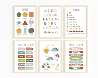 Set of 6 Kids Prints, Kids Printable Posters, Educational Wall Art, Rainbow Wall Art, Preschool Poster, Kids Play Room, Digital Download