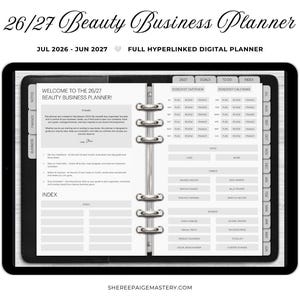 May include: A digital planner displayed on a tablet screen with a white stylus. The planner is titled 26/27 Beauty Business Planner and includes sections for goals, finance, and business tracking with a monthly calendar view and hyperlinked tabs.