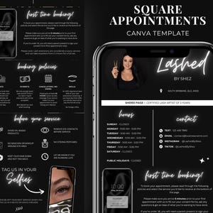 以下が含まれることがあります： Square Appointments用の白黒Canvaテンプレート。まつげアーティストのプロフィール、予約ポリシー、サービス案内、連絡先情報が含まれています。ネオン風のテキスト見出し、アイコン、ビジネス詳細用のプレースホルダーが配置されたデザインです。