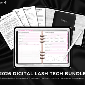 May include: A digital lash tech bundle featuring a tablet with a planner and client record book, consent forms, and a stylus. The bundle includes the text "2026 Digital Lash Tech Bundle" and "As Seen On" with a TikTok logo.