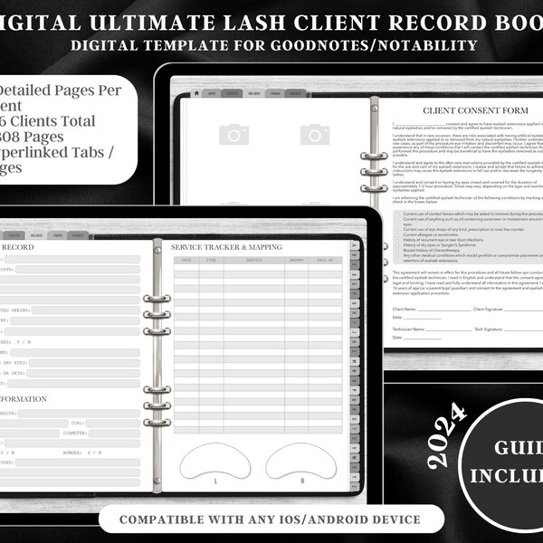 2024 DIGITAL GREY Ultimate Lash Client Record Book Template, Lash Mappings, Service Tracker, Lash Consent Form, New GoodNotes Template