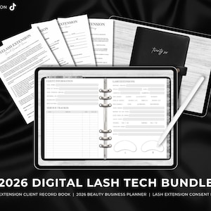 Könnte beinhalten: Ein digitales Wimpern-Techniker-Bundle mit einem Tablet, einem Planer und Kundenbuch, Einverständniserklärungen und einem Stift. Das Bundle enthält einen schwarzen Planer mit dem Text "twenty six" und dem Text "2026 DIGITAL LASH TECH BUNDLE".