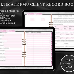 May include: A digital planner for permanent makeup artists. The planner includes a client record, service tracker, and consent form. The planner is available for iOS and Android devices. It includes 676 clients, 2,808 pages, and instructions and a tutorial.