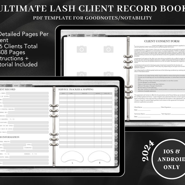 2024 DIGITAL GREY Plantilla de libro de registro de cliente Ultimate Lash, asignaciones de pestañas, rastreador de servicios, formulario de consentimiento de pestañas, nueva plantilla GoodNotes