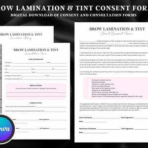 Puede incluir: Dos formularios imprimibles para servicios de laminación y tinte de cejas. Los formularios incluyen información del cliente, historial médico, historial de cejas y un formulario de consentimiento. Los formularios están diseñados para ser utilizados por un técnico de cejas para garantizar que el cliente sea consciente de los riesgos y beneficios del procedimiento.