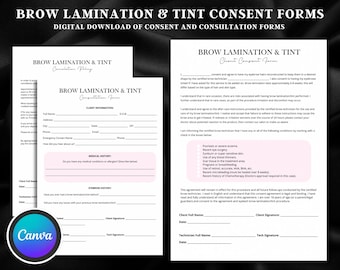 Formulär för brynlaminering och färgning: Kundkonsultation, samtycke, avbokning (Canva-mall, digital nedladdning)