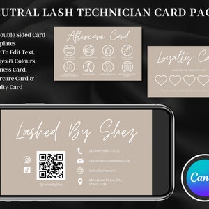 Neutral Lash Technician Card Pack - Canva Template, Lash Aftercare Card, Lash Business Card, Loyalty Card, Digital Download