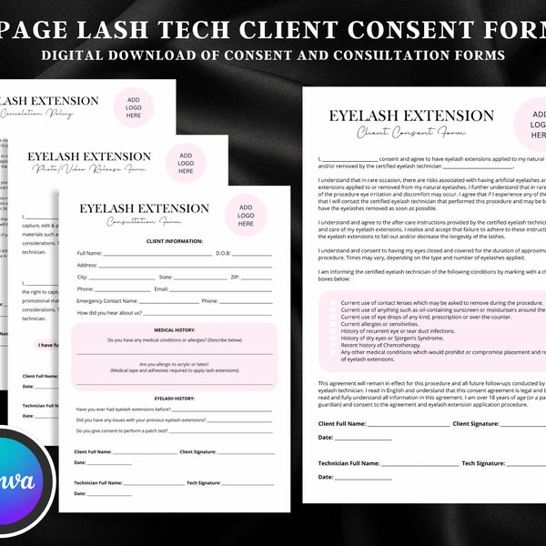 4 Page Lash Tech Client Consent Forms, Client Consultation Forms, Beauty Forms, Digital Download, Lash Tech Business Forms, Canva Template