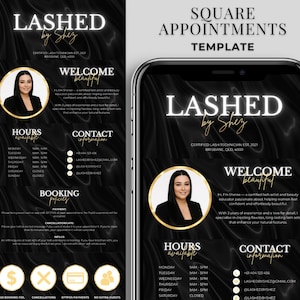 Könnte beinhalten: Eine schwarze und goldene Terminvorlage für "Lashed by Shez" auf einem Smartphone-Bildschirm. Das Design umfasst ein Foto einer Frau, Geschäftszeiten, Kontaktinformationen und Buchungsrichtlinien. Der Text ist in Weiß und Gold.