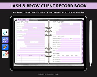 Puede incluir: Un libro de registro digital de clientes de pestañas y cejas que se muestra en una tableta. La pantalla muestra un planificador con secciones para lifting de pestañas, tinte, cera de cejas y laminación. El texto "LASH & BROW CLIENT RECORD BOOK" está en la parte superior.
