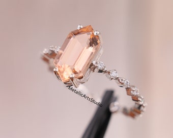 Peach Morganite Engagement Ring, Dainty Hexagon Cut Ring, Moissanite Band Ring, Bridal Ring, Promise Ring, Anniversary Ring Gift for Women