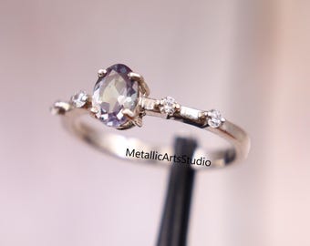 Oval Alexandrite Engagement Ring: Sterling Silver Purple Gemstone, June Birthstone