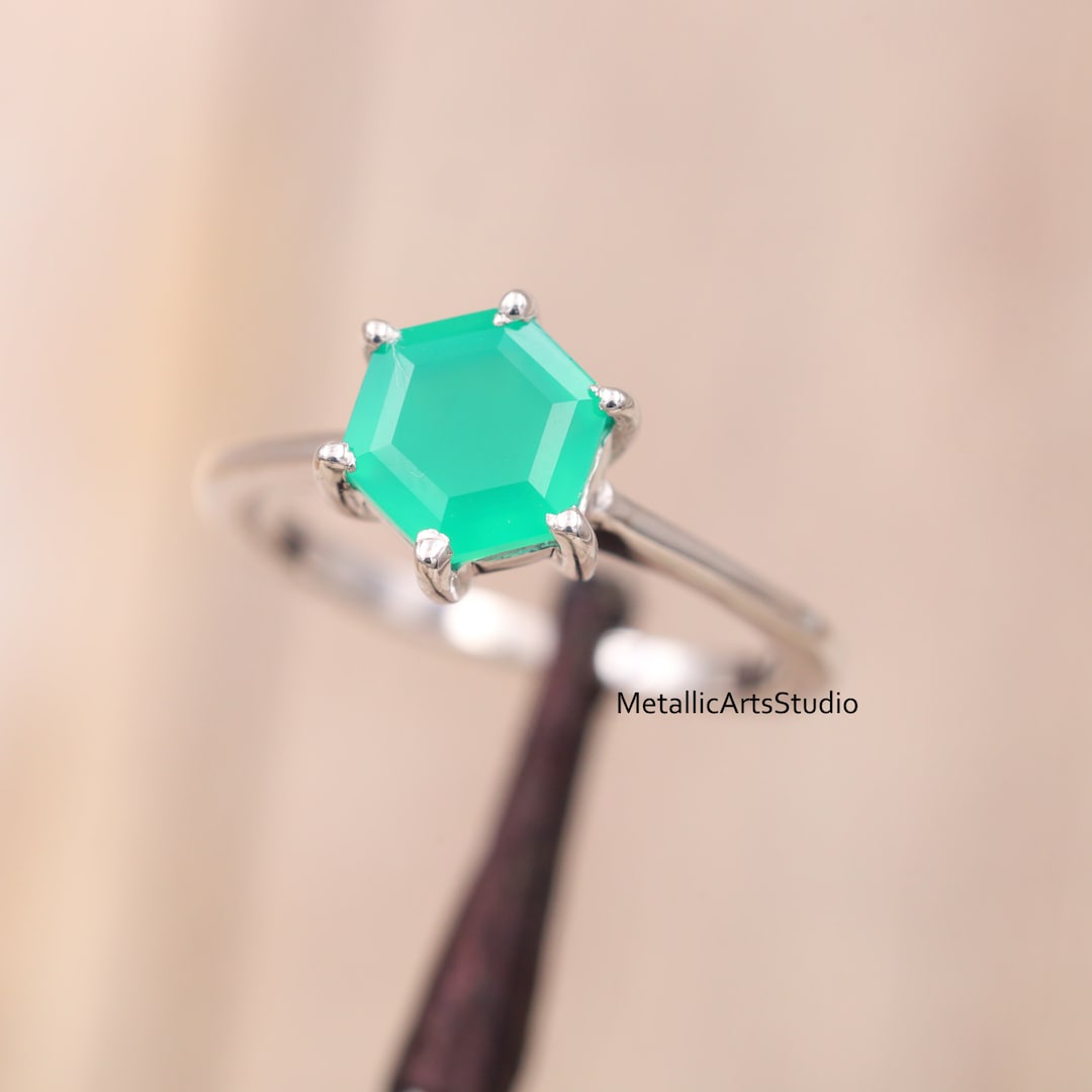 Natural Green Onyx Ring, Handmade Ring, Gift for Her, 925 Sterling Silver Ring, Hexagon Onyx