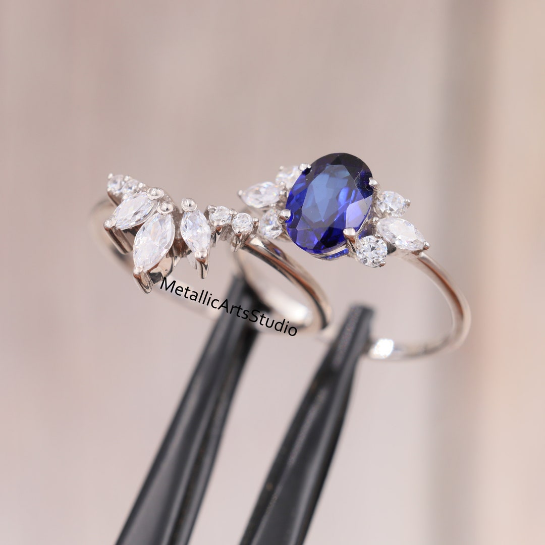Blue Sapphire Bridal Ring Set, 14k White Gold Ring, 2 Pcs Oval ...