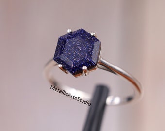 Hexagon Blue Sandstone Ring: Sterling Silver Minimalist Solitaire