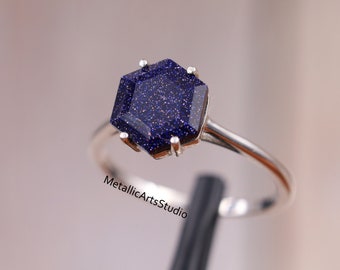 Blauer Sandstein Solitärring, Sechseckschliff, Minimalistischer Ring, Einzigartige Cluster Versprechen Ring, Geschenk für sie, Verlobungsring Geschenk für sie