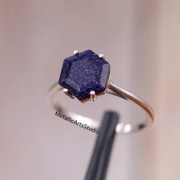 Hexagon Cut Blue Sandstone Solitaire Ring, Minimalistische ring, Unieke Cluster Promise Ring, Verlovingsring Cadeau voor haar, Delicate Zilveren Ring
