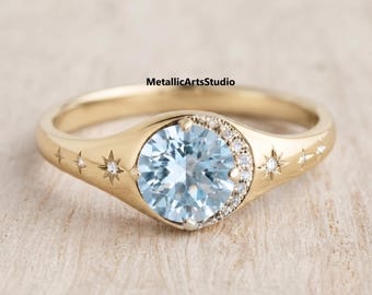 14K Gold Celestial Aquamarine Signet Ring Vintage Star Moon Engraved Blue Topaz Ring -Unique Astrology Promise Ring for Women Gift For Her