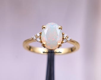 Opal Ring 14k Solid Gold Ring October Birthstone Ring Stunning Oval Natural Opal Anniversary Ring Gift For Her Birthday Ring Gift