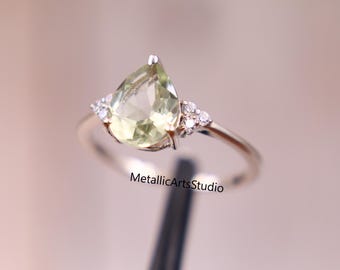 Pear Green Amethyst Ring, Gold Plated Sterling Silver, Cubic Zircon Side Stones