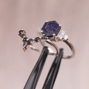 Hexagon Cut Blue Sandstone Engagement Ring Set, Night Sky Goldstone Wedding Ring, Curved Black Diamond Stacking Ring Set, Anniversary Gift