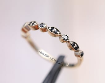 Half Eternity black diamond band, Knuckle Ring, Round Cut Diamond Engagement Band, Stacking Wedding Band, Pave Promise Ring, Bridal Ring Set