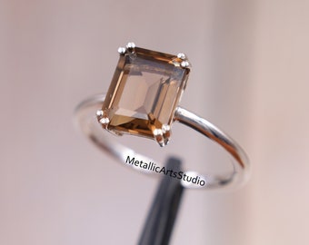 Emerald Cut Smokey Quartz Ring, Minimalist Wedding & Engagement Ring, Quartz Promise Ring, Solitaire Bridal Ring, Anniversary Gift For Her