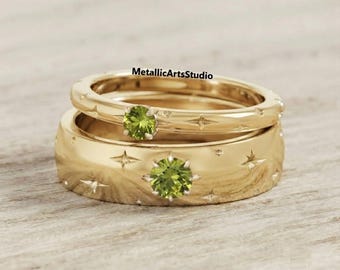Vintage Inspired Round Peridot Signet Ring, Moon Star Couple Ring, Bridal Wedding Jewelry, Natural Inspired Branch Men's Band, Couple Ring