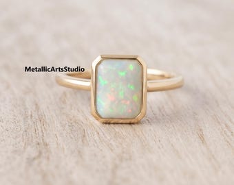Emerald Cut Opal Engagement Ring, Bezel Set Opal Ring, October Birthstone Ring, Minimalist Bridal Ring, Unique Anniversary Gift for Her