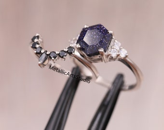 Blue Sandstone Engagement Ring Set: Gold Hexagon, Onyx Stacking Ring