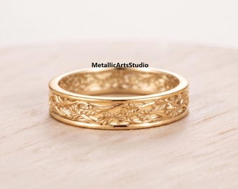 Men's White Gold Vintage Filigree Leaf Wedding Band, Straight Nature Inspired Groom Ring, Custom Engraved Anniversary Ring for Him
