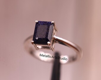 Minimalist Blue Sandstone Ring: Emerald Cut Sterling Silver