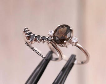 Natural Smoky Quartz Oval Ring, Sterling Silver Moissanite Wedding Set