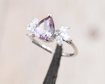 Pear Shape Alexandrite marquise cluster diamond ring, Color changing stone Engagement Ring, Women Christmas Gift, Promise Ring for her