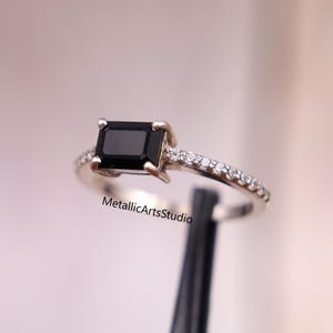 Unique Emerald Cut Black Onyx Engagement Ring, 925 Sterling Silver Ring, Stackable Ring, Anniversary Ring, Women Jewelry, Gift For Her