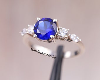 Sapphire Round Ring , Solitaire silver ring, Sapphire Engagement Ring, 925 Sterling Silver Ring, Blue Sapphire Ring Women, Sapphire Ring