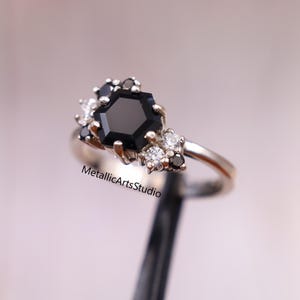 Natural Black Onyx Hexagon Cut Ring, Engagement Statement Ring, Diamond Ring, Black Gemstone Ring, Promise Ring, Anniversary Gift for Women