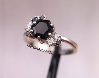 Black Onyx Hexagon Ring, Sterling Silver, Cubic Zircon Accents
