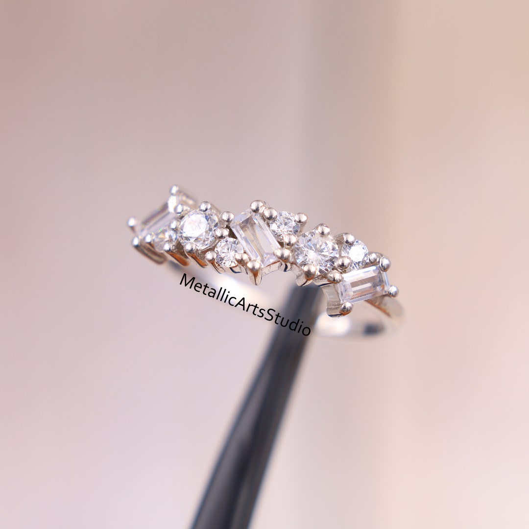 Baguette & Round Cut CZ Wedding Band, 14K Gold Half Eternity Ring - Etsy